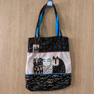 Laurel Burch black gold turquoise cat tote bag